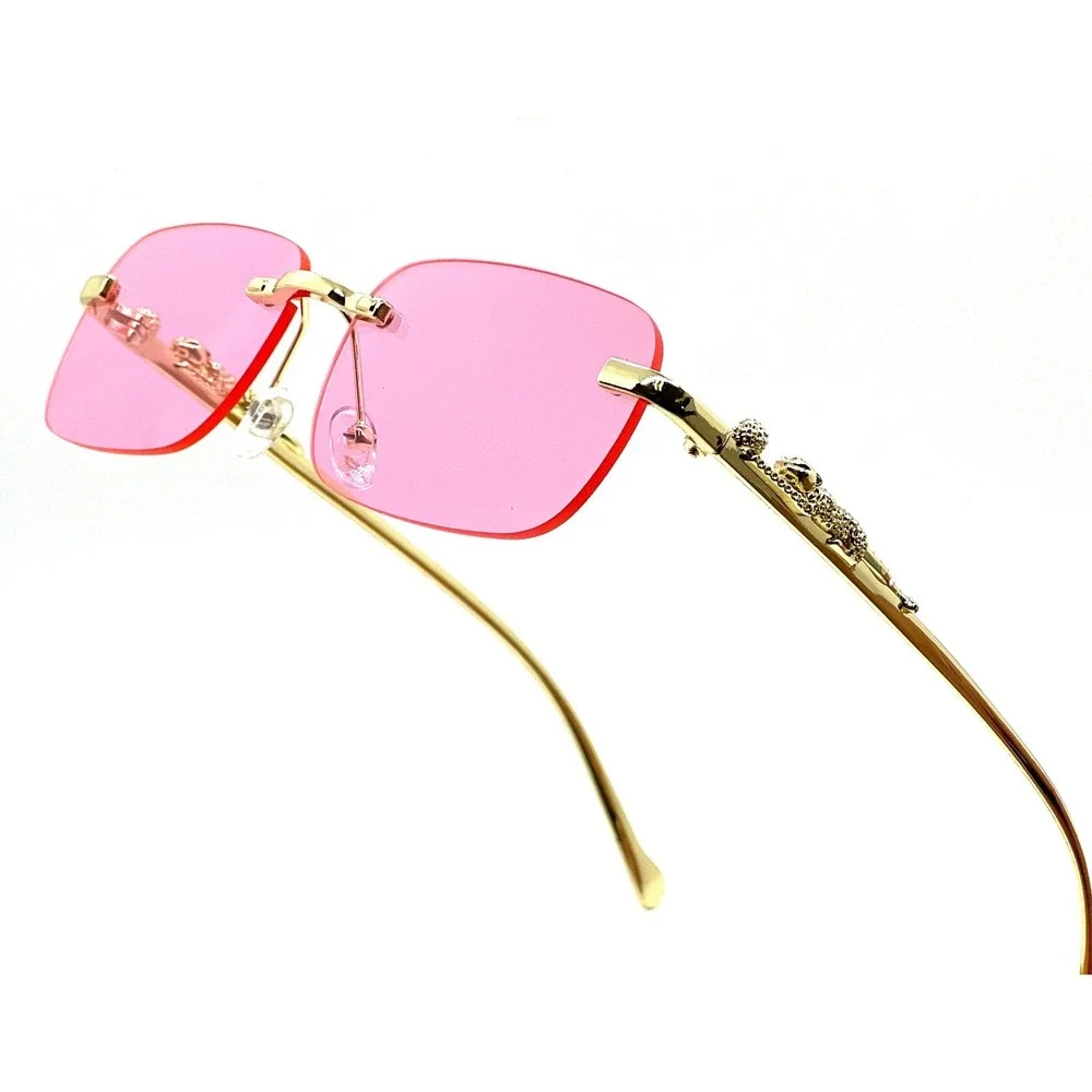 Rimless‎ Sunglasses Gold Leopard Accent Pink Lens Fashion Trendy Designer Women